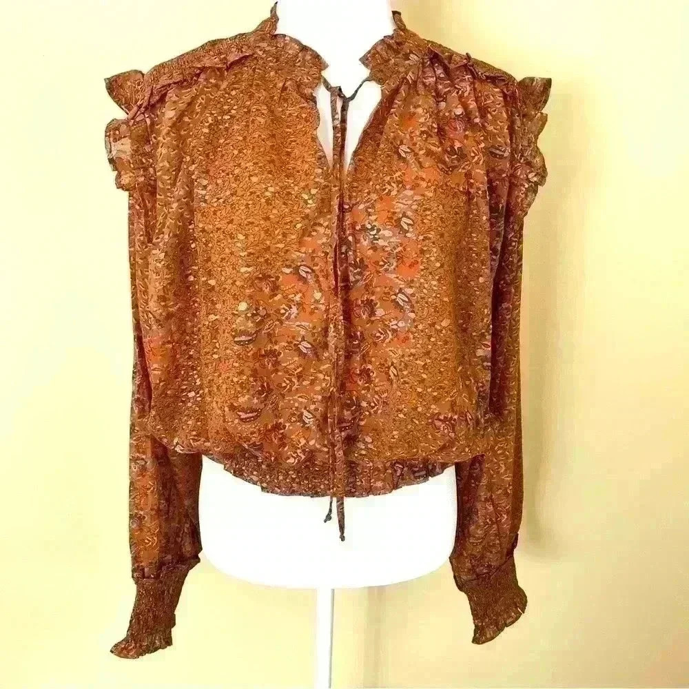NWT Elan Orange Peasant Boho Tie Neck Long Sleeve Elastic Waist Crop Top Size M